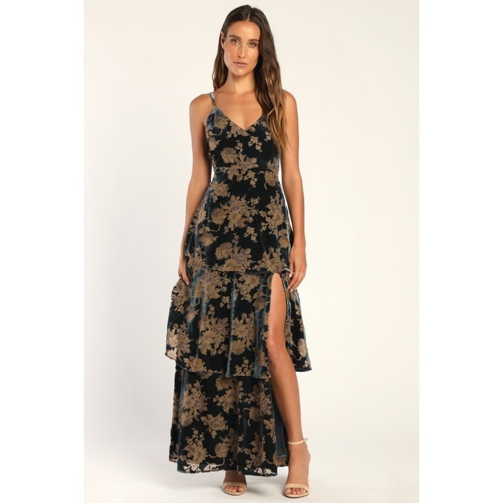 Lulus I Love You Amore Slate Blue Floral Velvet Tiered Maxi Dress - Size XL